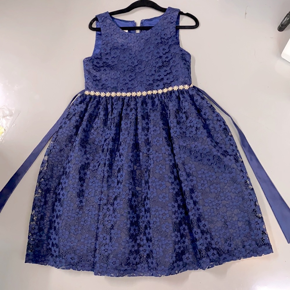 Navy rhinestone pearl flowers detail dress 12